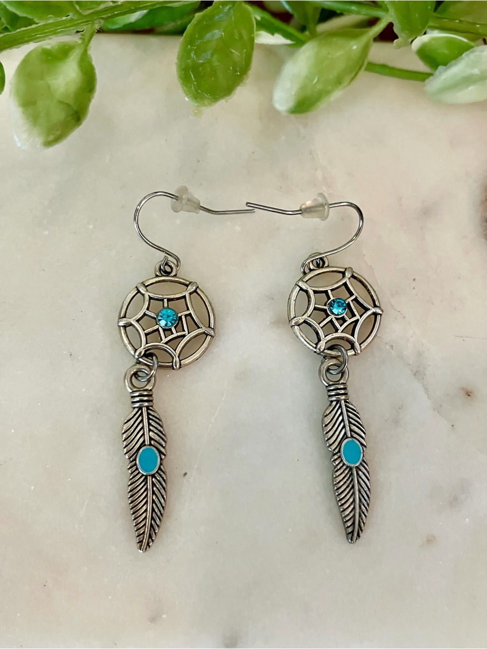 Silver Tone Turquoise Dreamcatcher Feather Dangle Earrings